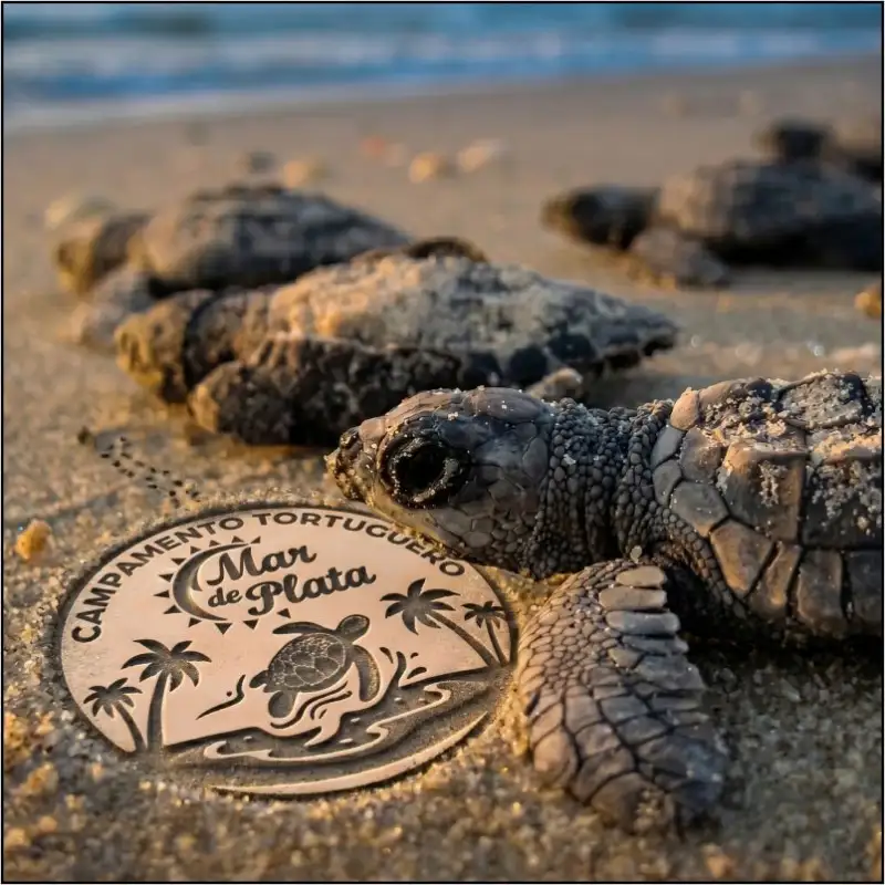 Primer plano de una cría de tortuga marina en la arena junto al emblema del Campamento Tortuguero Mar de Plata, con más tortugas dirigiéndose al mar en Tuxpan.