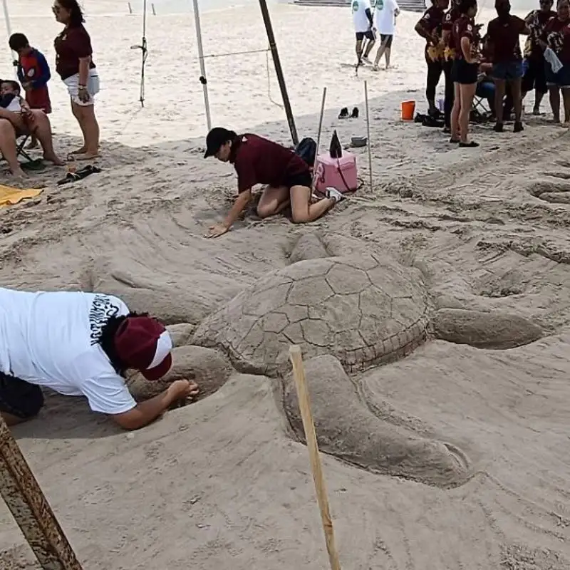 Participantes esculpiendo una gran tortuga marina de arena durante un concurso de figuras de arena en la playa Mar de Plata, Tuxpan.